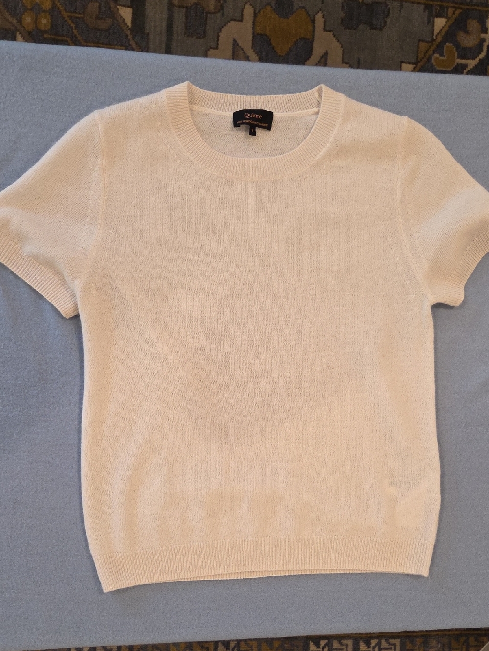 Quince Women's Cream Color Short Sleeve Mongolian Cashmere Knit Top (S)